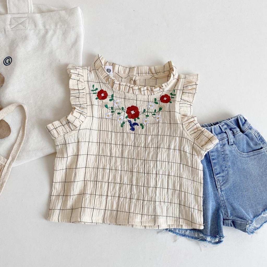 Áo Thun Không Tay Phối Ren Phong Cách Nhật Bản Hàn Quốc Mới Cho Bé Gái