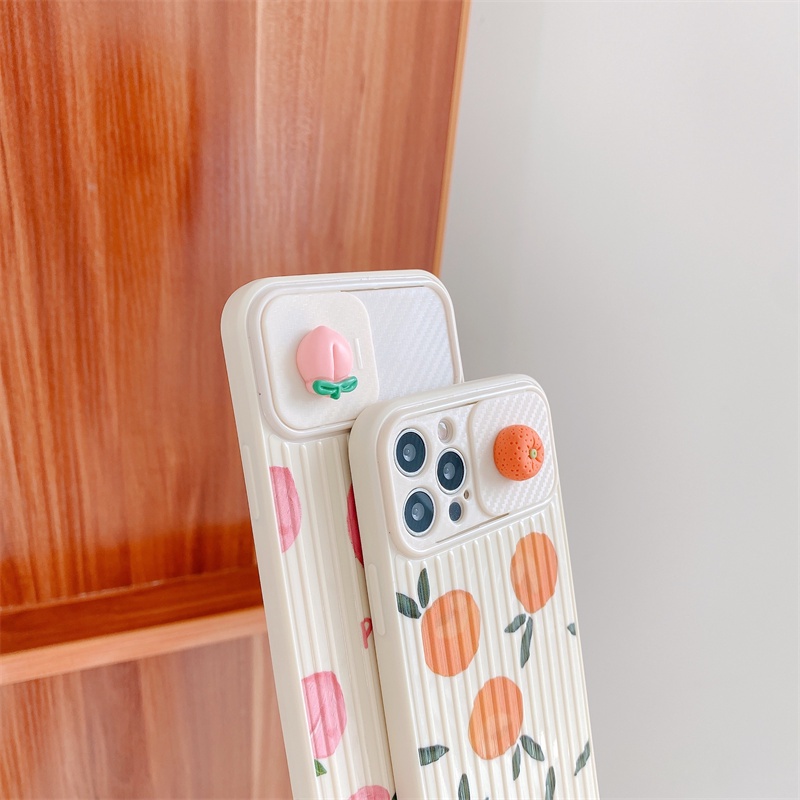 Ốp Điện Thoại Silicon Chống Va Chạm Có Thanh Trượt Cửa Sổ In Hình Quả Cam / Đào Cho iPhone 13 12 11 Pro Max XS Max