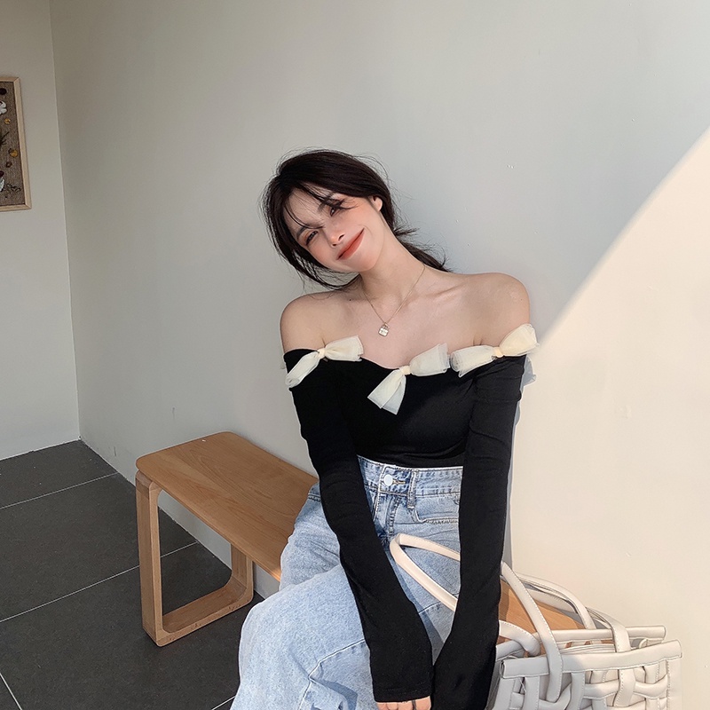 Áo thun bẹt vai tay dài cột nơ viền áo sexy mùa hè dành cho nữ / áo trễ vai thắt nơ AK44