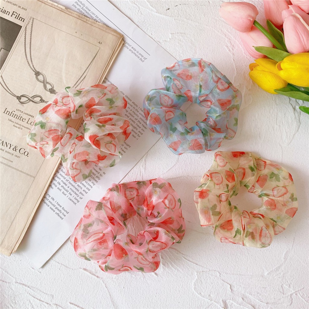 Cột tóc vải scrunchies vòng đeo tay scrunchies chất liệu voan bản to họa tiết hoa quả cho bạn gái