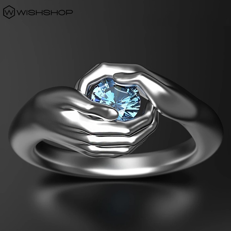 Nhẫn đính đá sapphire hình đôi tay đôi cánh thiên thần thời trang cho nam và nữ