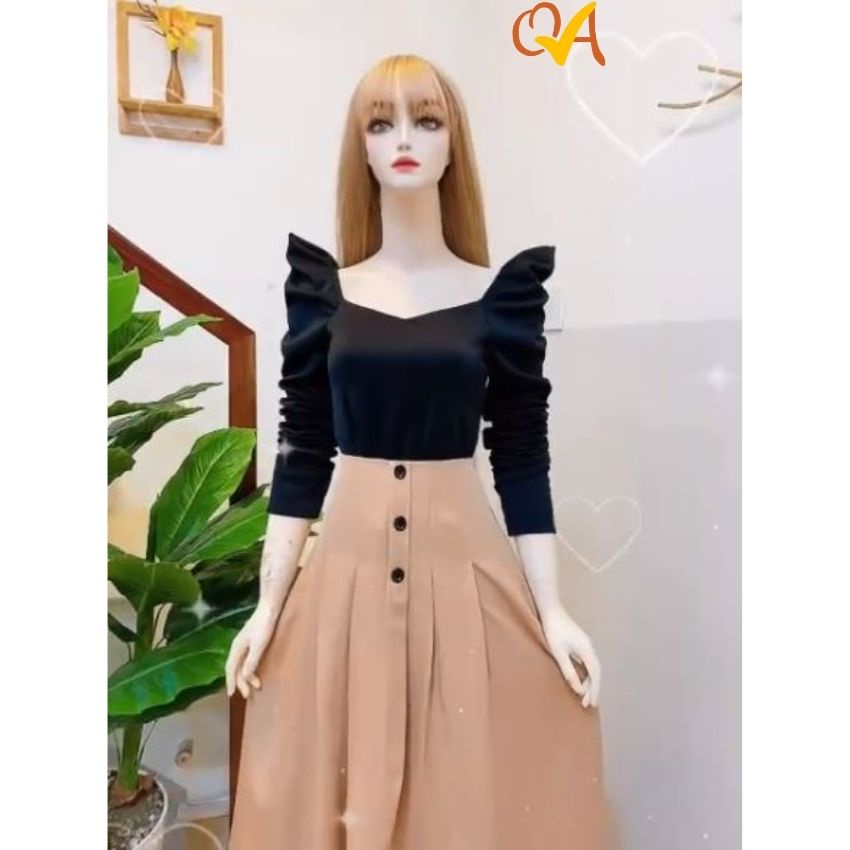Set váy nữ tiểu thư chân váy nút màu da phối với áo thun tay dài thời trang dạo phố, công sở Quocanh
