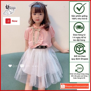 Sét áo váy sang chảnh cho bé gái từ 8-22kg, áo ngắn tay phối nơ kèm chân váy lưới xòe voan 2 lớp cực xinh _ HC16