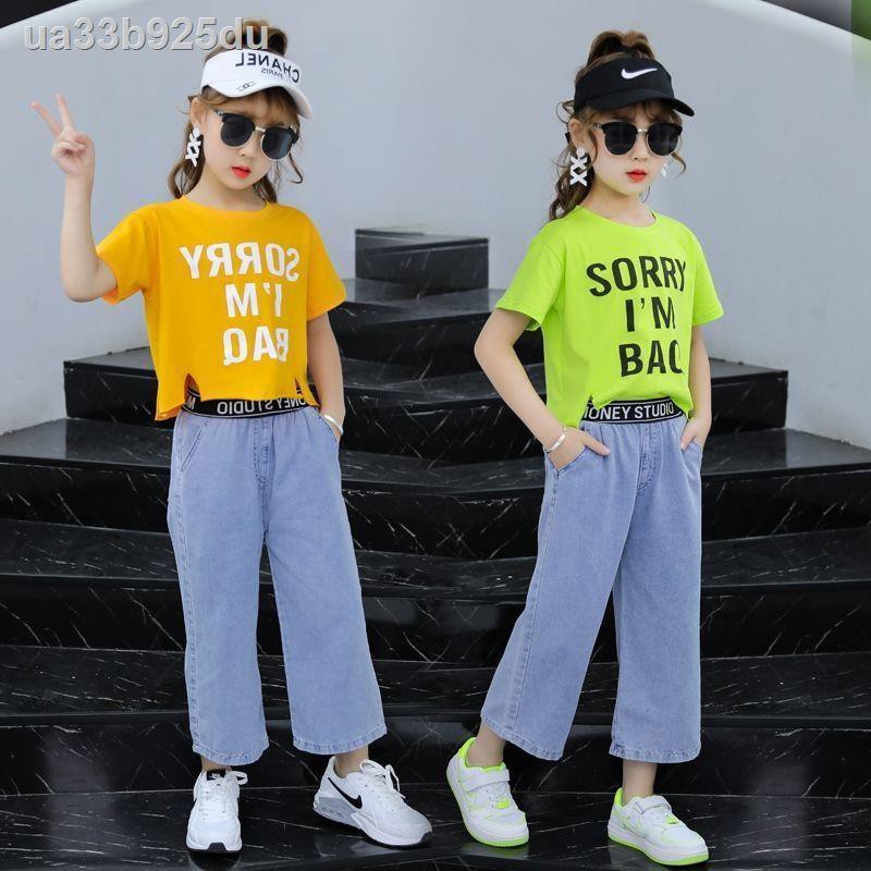 quần gáiquần áo trẻ em■┅♤Bộ đồ bé gái mùa hè năm 2021 Mới dành cho trẻ em quần denim ống rộng Cô Hàn Quốc Xu
