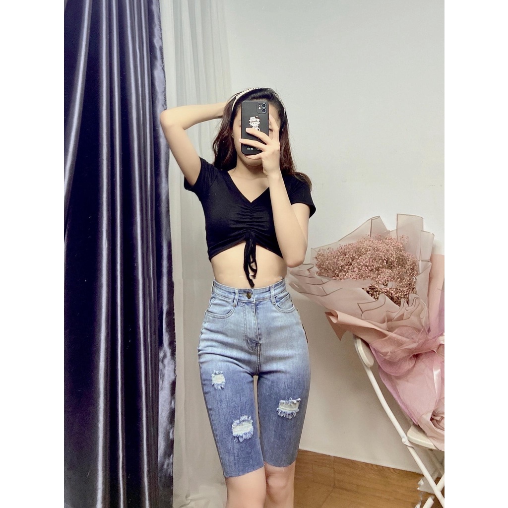 [60kg~90kg] Quần jean ngố / lửng BIG SIZE lưng cao, co dãn mạnh, kiểu Loang Rách 3 4259  MLJ