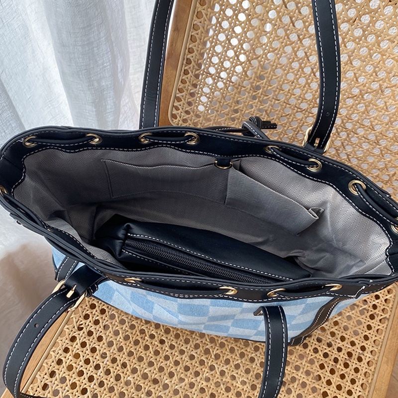 Túi đeo vai IELGY bằng vải canvas cỡ lớn họa tiết kẻ ô đơn giản thời trang cho nữ