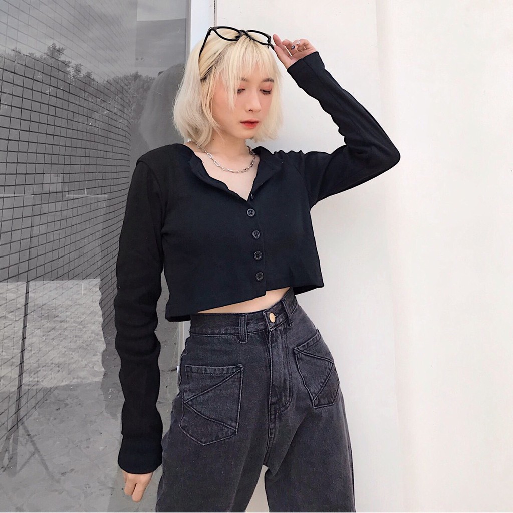 Áo Croptop YAN Cổ Tim Tay Dài Phối Khuy Unisex (2 MÀU) | BigBuy360 - bigbuy360.vn