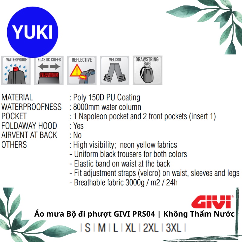 Áo Mưa Bộ Cao Cấp GIVI PRS04 Vàng Neon | Chống Thấm Nước | YUKI MISE