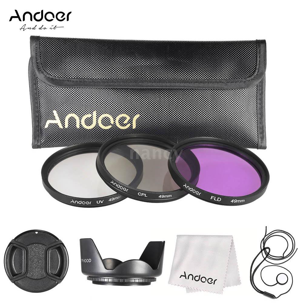 Bộ lọc 49mm Andoer (UV + CPL + FLD) + Túi đựng nilon + Nắp ống kính + Giá đỡ + Loa che nắng + Dụng cụ vệ sinh máy ảnh
