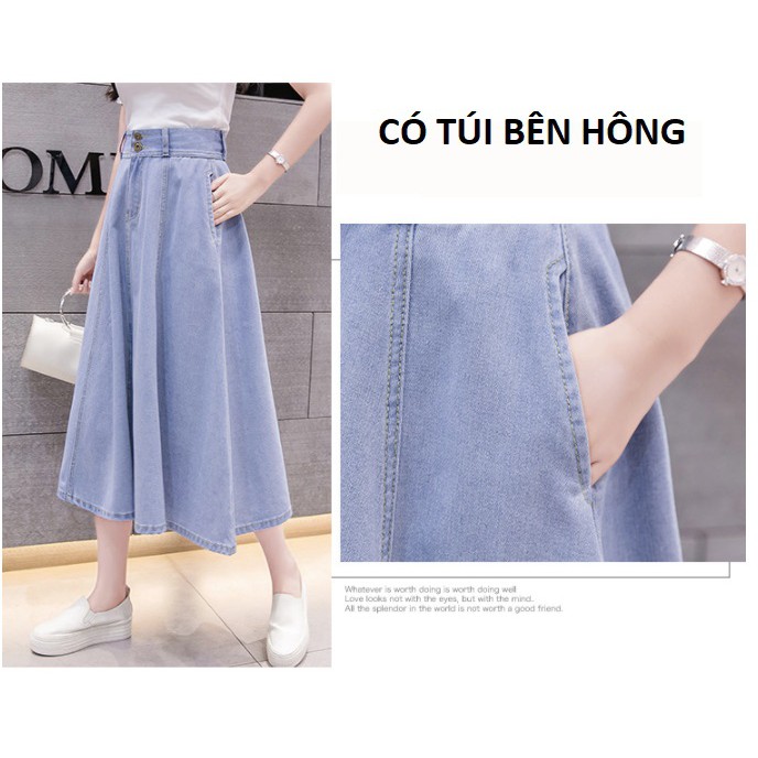 Chân váy jean xòe dài 2 nút C011 xòe rộng, dáng dài, vải dày, chống nắng