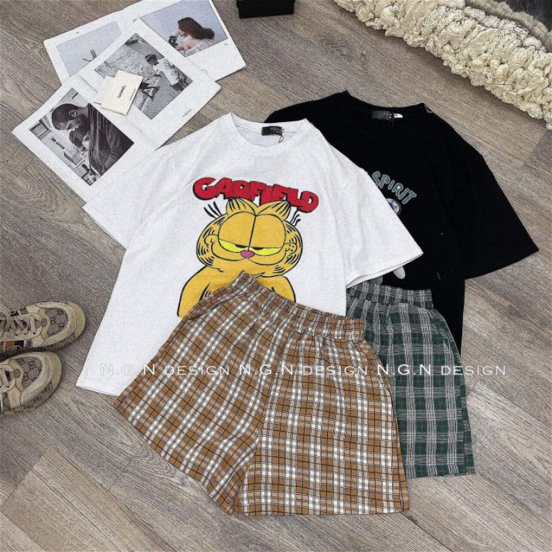 Sét áo phông mèo+quần sooc kẻ