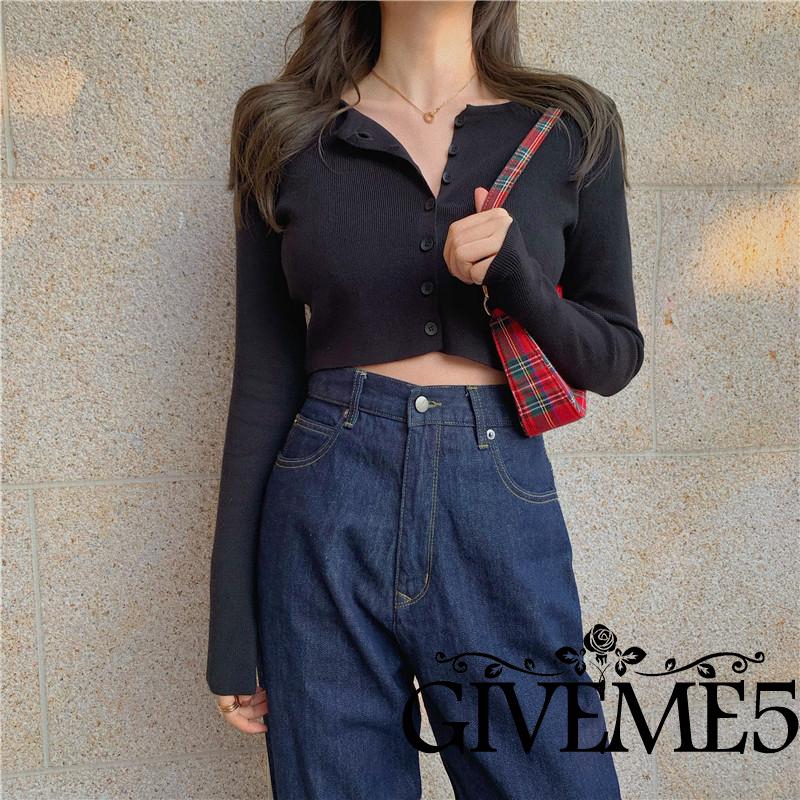 Áo Thun Lửng Dệt Kim Tay Dài Cài Nút Màu Trơn Giản Dị Thời Trang Cho Nữ