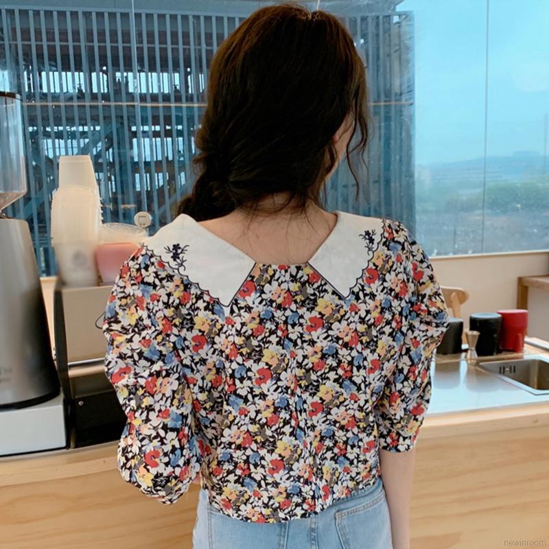 Lapel floral bubble sleeve design niche embroidered shirt red | BigBuy360 - bigbuy360.vn