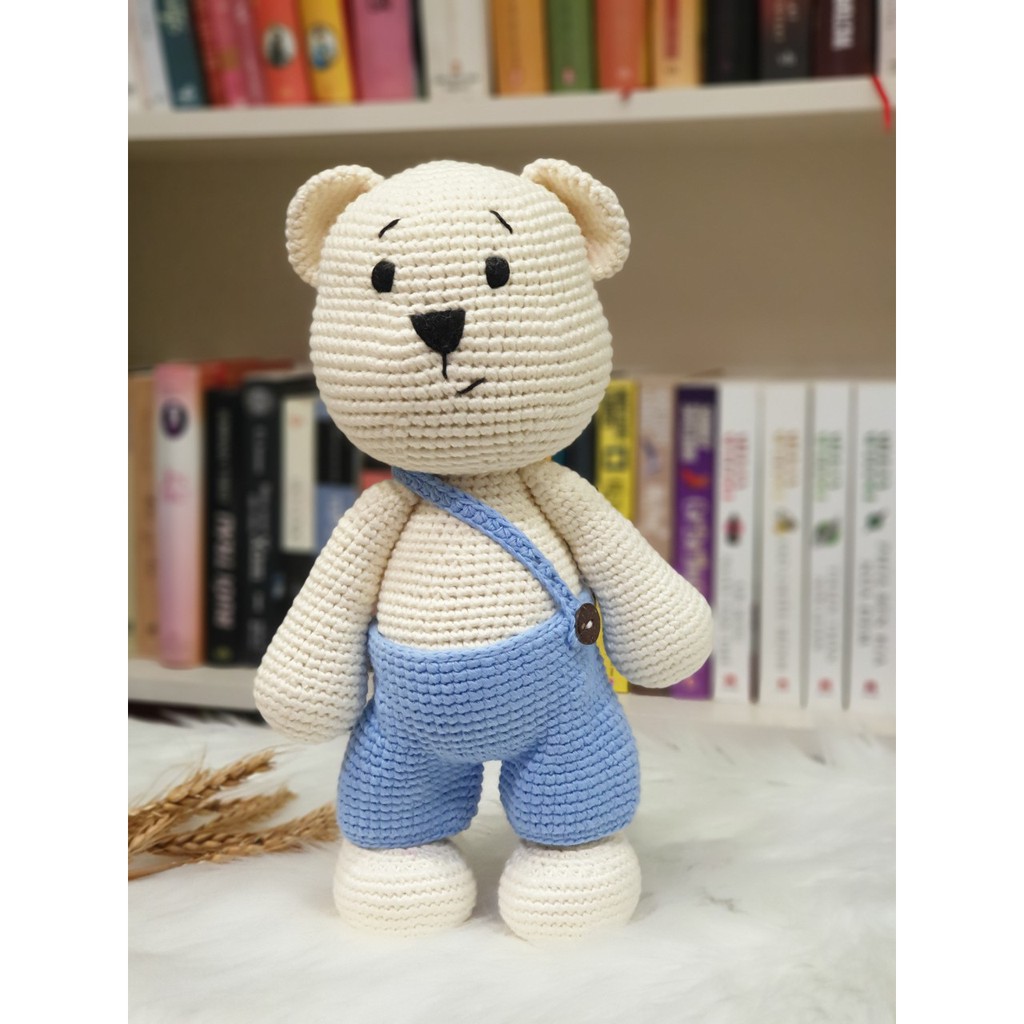 Gấu bông móc len Amigurumi cao cấp - Gấu quần yếm lệch handmade - SP000036