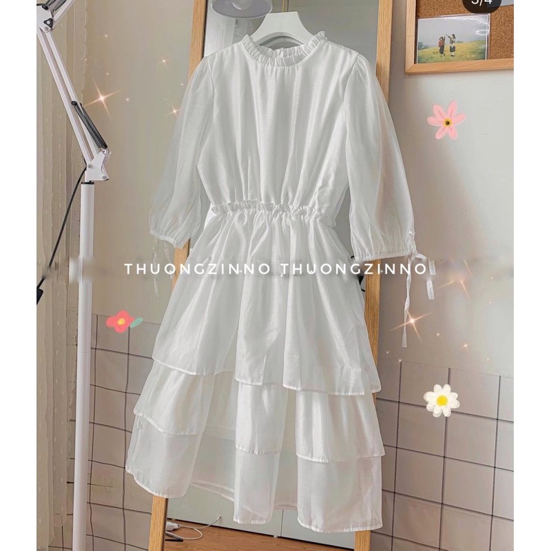 Váy trắng cổ bèo 3 tầng thiết kế dáng tiểu thư