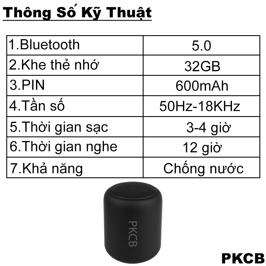 Loa Bluetooth Mini Âm Thanh Vòm Sóng Động Cao Cấp Hiện Đại Chống Nước Mưa ĐEN PKCB120 CHÍNH HÃNG