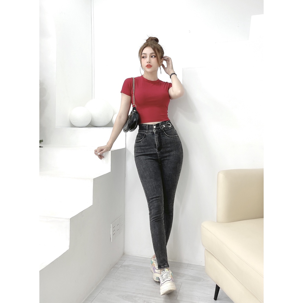 Quần jeans dáng ôm nữ CRAZYTEEN lưng cao đai phối nút K0256