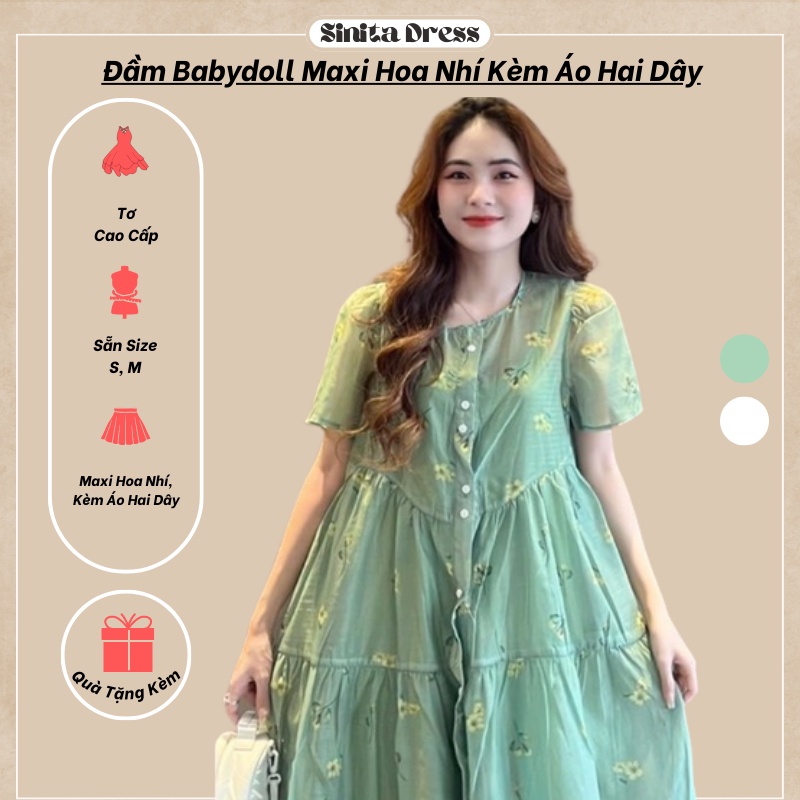 Đầm Babydoll Maxi Hoa Nhí Kèm Áo Hai Dây Bên Trong Cùng Màu Chất Tơ Cao Cấp Cực Mát Sinita
