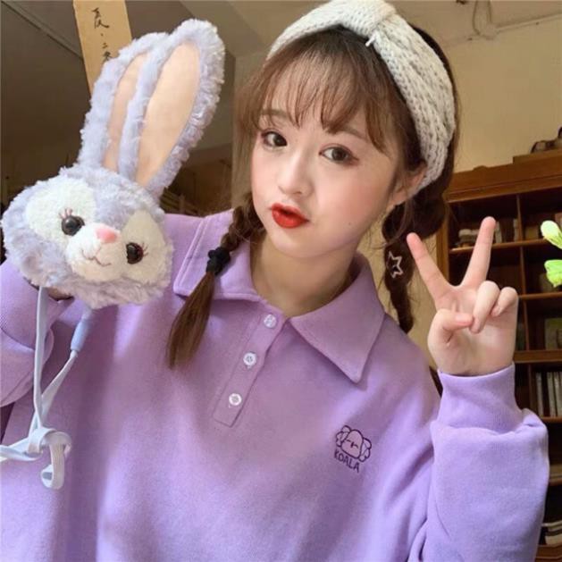 [ORDER+ẢNH THẬT] Áo Polo tím dài tay chất nhung mịn oversize Ulzzang thêu hình siêu xinh 😍  ྇