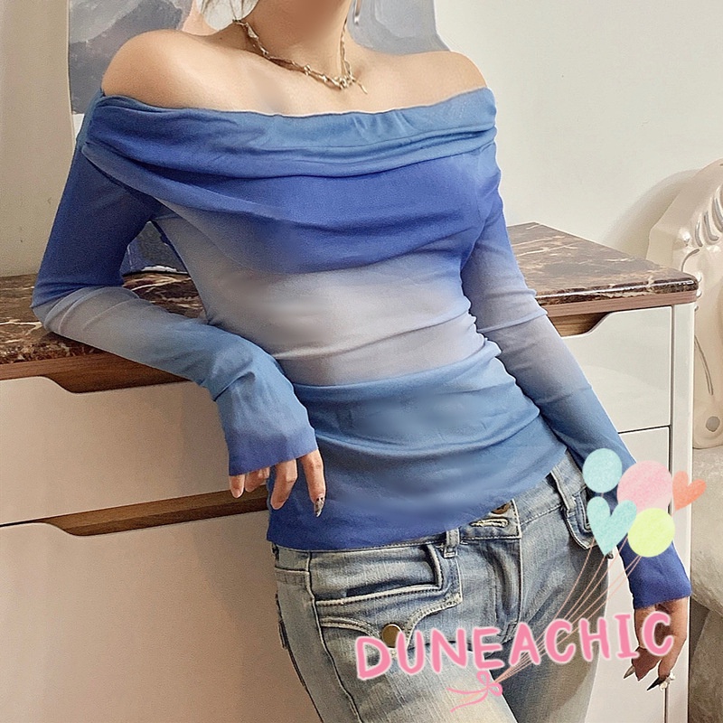 DUNEA Áo Croptop Trễ Vai Tay Dài Thiết Kế Dây Rút Quyến Rũ