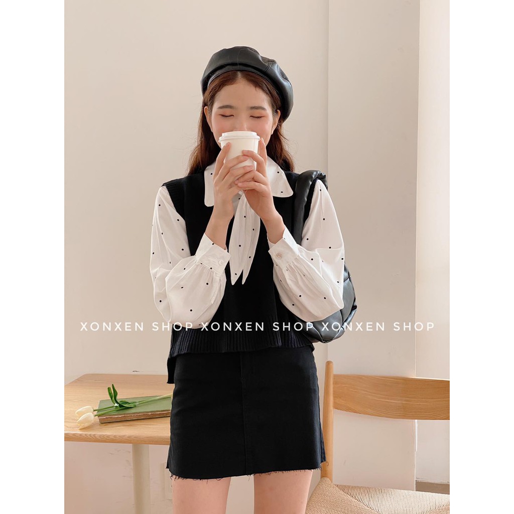 Áo sơ mi kiểu sơ mi cổ tàu chấm bi dễ thương XONXEN SHOP free size mã 155