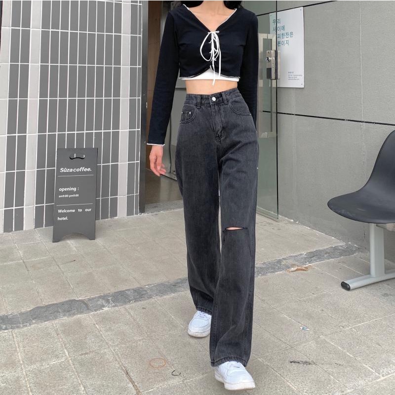 Xiaozhainv Quần Denim Nữ Lưng Cao Rách Gối Cá Tính Phong Cách Hàn Quốc