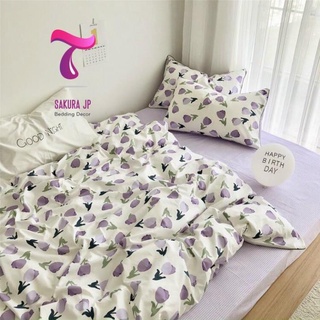 Hàng mới- bộ ga giường và vỏ gối cotton poly lụa hoa tuylip tím vintage -bst chăn ga gối poly