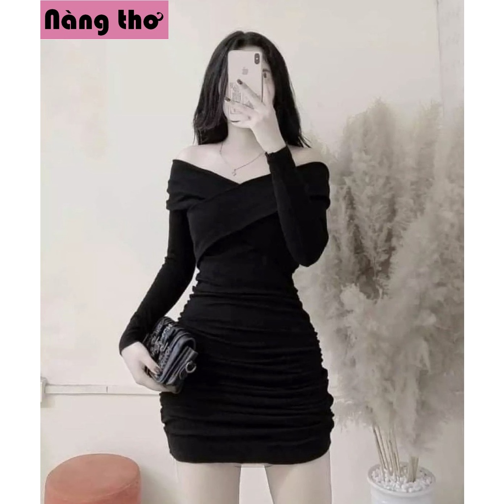 Đầm body nữ dài tay cổ chéo vải thun co giãn tốt, sexy quyến rũ, bigsize - Nàng Thơ's Shop