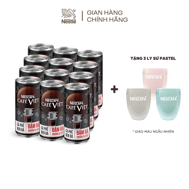 [Tặng 3 ly sứ Pastel] Bộ 12 lon Cà phê đen uống liền NESCAFÉ® CAFÉ VIỆT (lon 170 ml)