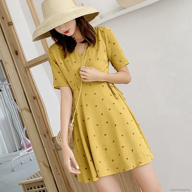 Đầm dáng chữ A hoạ tiết hoa thiết kế cổ chữ V nữ tính