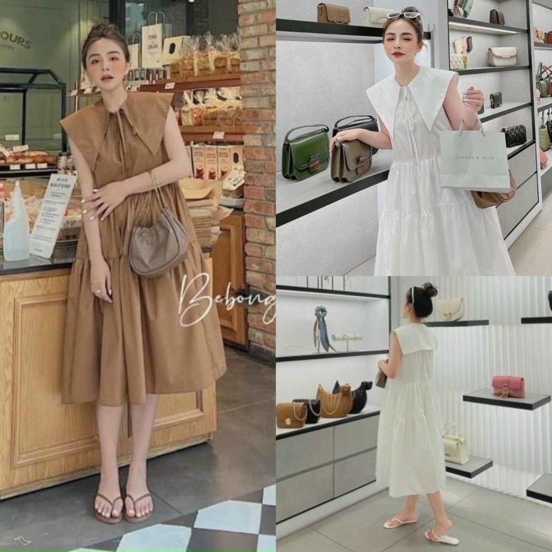 Đầm bầu babydoll cổ nhọn thắt nơ  tkutrang -  váy bầu tiểu thư dáng xòe 2 màu siêu xinh