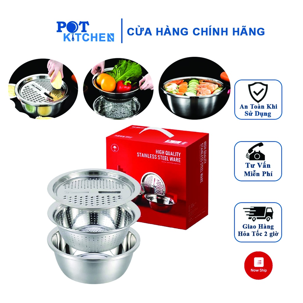 Bộ rổ chậu kèm nạo rau củ quả inox đa chức năng 3in1 cao cấp siêu tiện dụng POT KITCHEN