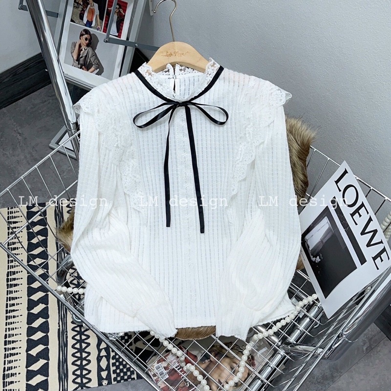 Áo ren xốp phối bèo vai cổ nơ