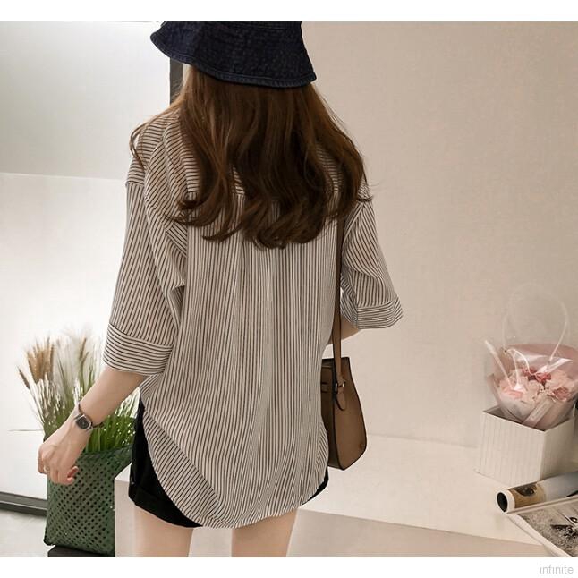 FREESHIP ĐƠN 99K_ Áo kiểu dáng rộng cổ tim tay lửng phối họa tiết kẻ sọc cho nữ | BigBuy360 - bigbuy360.vn