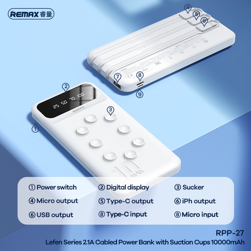 Pin Sạc Dự Phòng Remax RPP-27 10.000mAh Kèm Cáp Sạc 3 Đầu Sạc Nhiều Thiết Bị Cùng Lúc