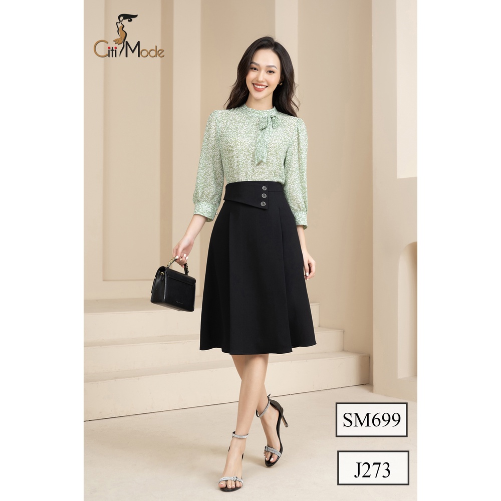 Áo sơ mi hoa nhí xanh lá tay lỡ cổ nơ SM699