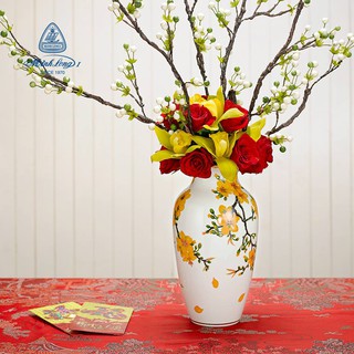 Bình Hoa Gốm Sứ Cao Cấp Minh Long 27cm Hoa Mai Vàng hàng đẹp cao cấp, dùng trang trí phòng khách, tặng quà ngày t