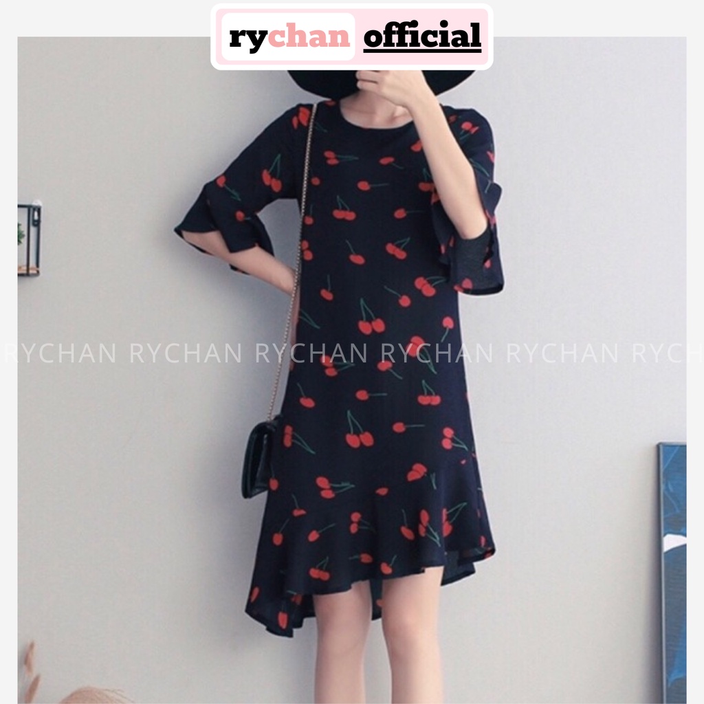 Đầm Nữ Họa Tiết Cherry Tà Xéo Độc Đáo, Váy Nữ Dạo Phố Cafe Cổ Tròn Tay Lửng Phối Bèo Màu Xanh Đen - DX9704