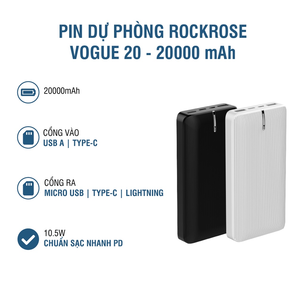 [Mã BMBAU50 giảm 10% đơn 99k] Sạc Dự Phòng 20000mAh ROCKROSE Vogue 20 - Cổng USB A Sạc Nhanh Cho Iphone/ Android