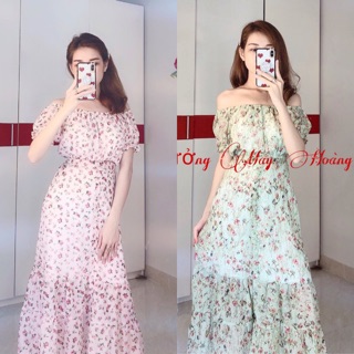 Xã kho đầm maxi bẹt vai voan freesize kèm hình thật