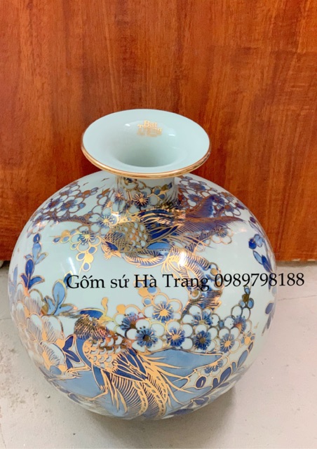 Bình hút tài lộc gốm sứ Bát Tràng cao cấp vẽ vàng 24k hoạ tiết chim trĩ hoa đào cao 24cm