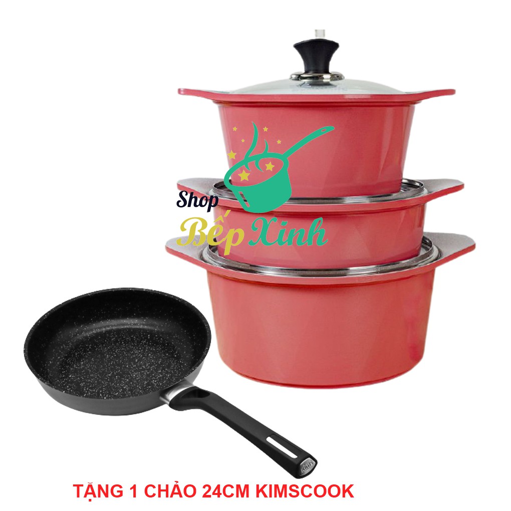 Bộ 3 nồi gốm sứ ECORAMIC bếp từ chống dính size 20cm x 22cm x 24 cm  tặng 2 nhắc nồi sillicon