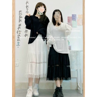 chân váy midi xoè tầng phối ren vintage tiểu thư