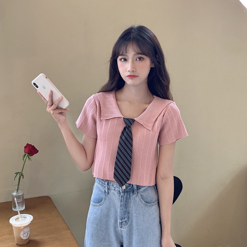 ZHELIHANGFEI Áo len dệt kim POLO cổ áo ngắn tay eo cao cổ điển