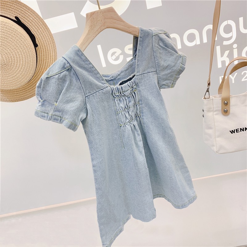 Mới Đầm Denim Tay Phồng Ngắn Cổ Chữ U Màu Xanh Dương Thời Trang Mùa Hè Cho Bé Gái