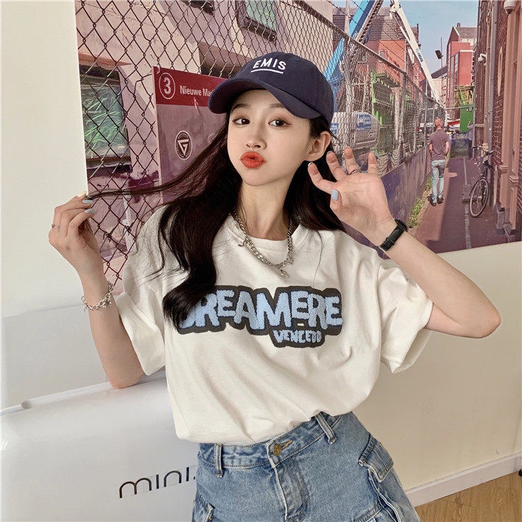 Áo Thun Cổ Tròn Dáng Rộng Thêu Chữ Cá Tính Phong Cách Hàn Quốc