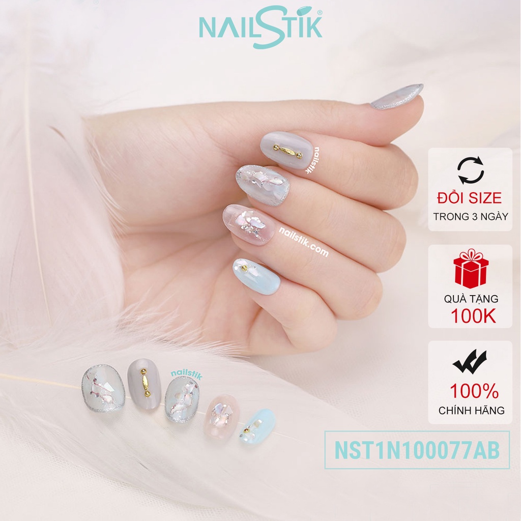 Móng úp thiết kế by NAILSTIK, màu xanh dương, xám, form móng bầu, ngắn/dài,  077