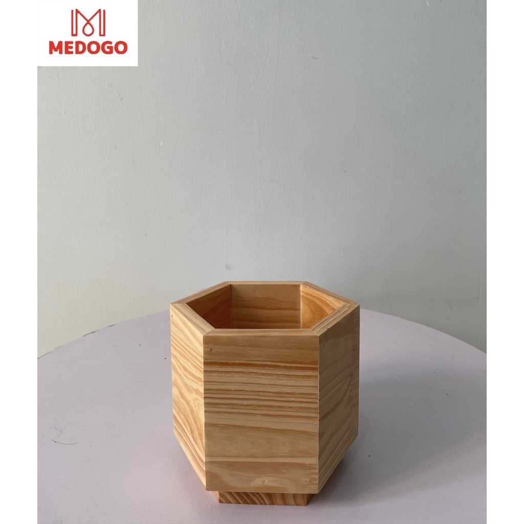 Chậu gỗ lục giác cắm hoa để bàn MEDOGO, gỗ thông nhập khẩu chịu nước, chậu gỗ trang trí