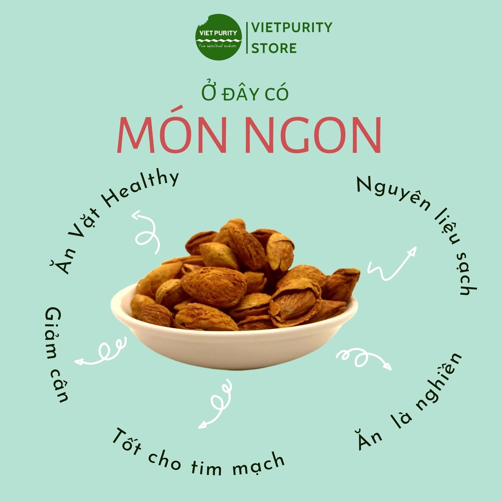 Hạt hạnh nhân Vietpurity rang bơ vỏ mỏng, hạt dinh dưỡng cho người ăn vặt ăn kiêng eatclean healthy food hộp 500g