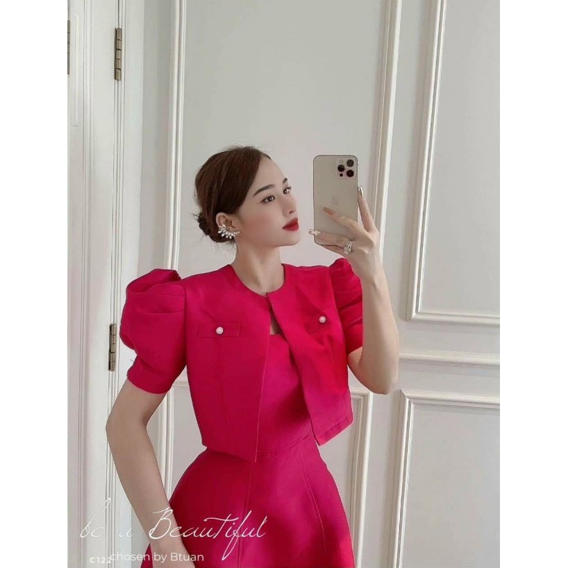 Set đầm 2 dây kèm áo khoát tay phồng mặc rời nếu thích